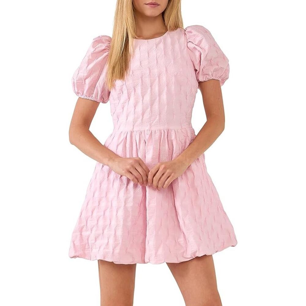 English Factory Textured Balloon Sleeve Mini Dress Pink Stretch Womens Large